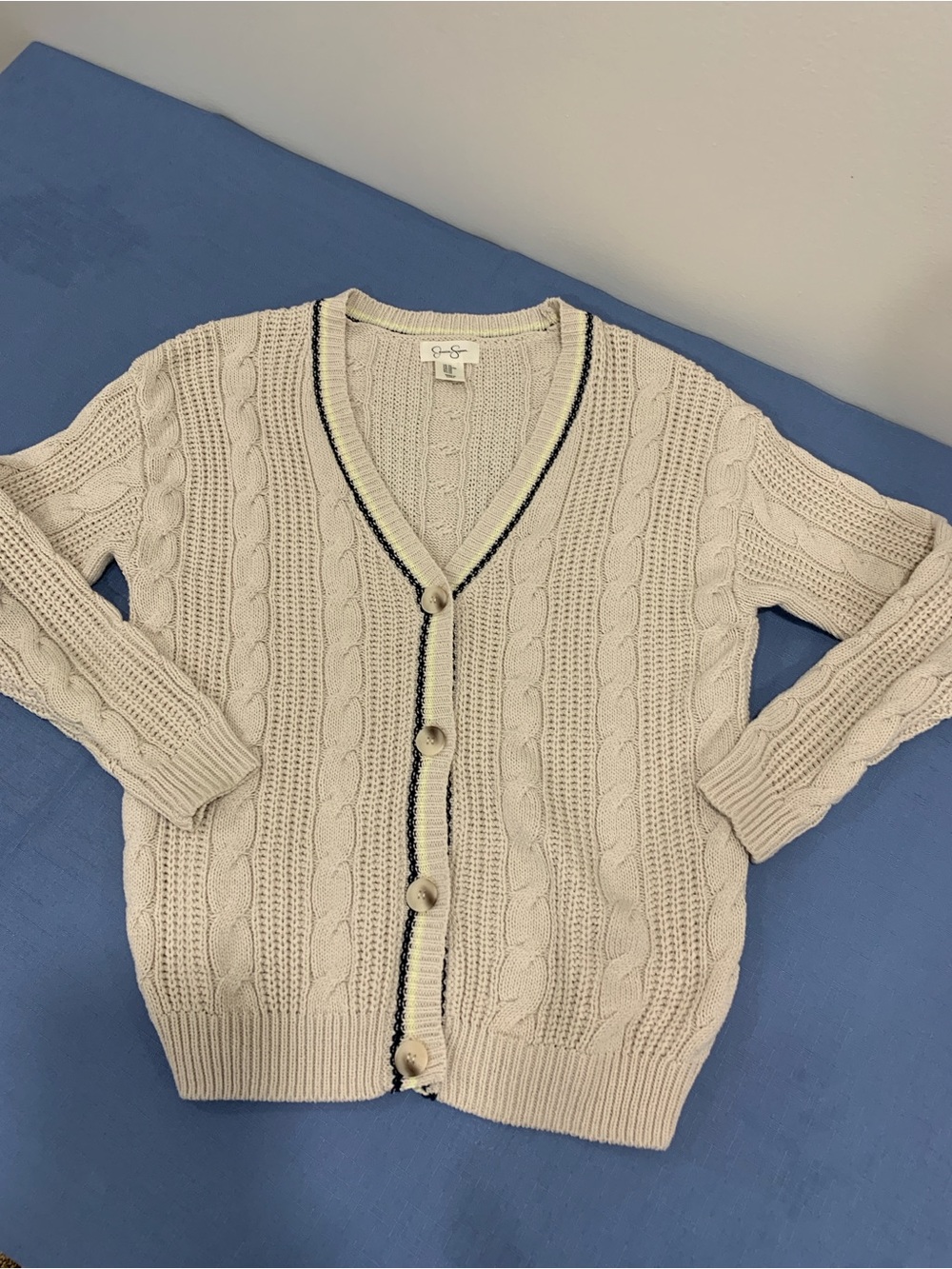 Jessica Simpson Beige Cable Knit Ribbed Trim V-NECK Cardigan XS